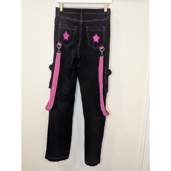 Vintage 90s Y2K HOT TOPIC Trip Rave Cargo Pants Stars Pink Black Womens Size 9 - Picture 9 of 10